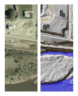 Images showing air photo and topographic map data of the same area